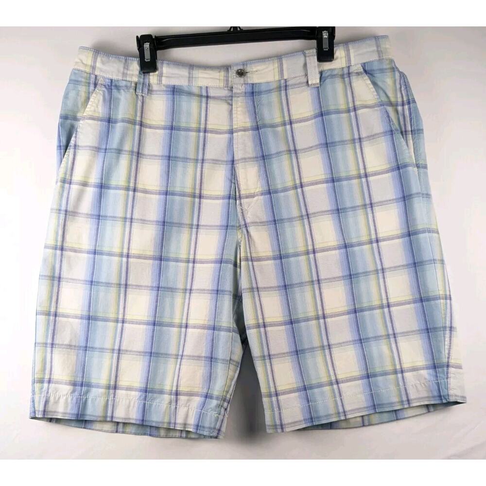 Tommy Bahama Mens 38x10 Paradise Nation Plaid Cotton Linen Shorts Blue‎ White